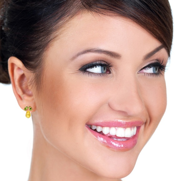 SOLID GOLD STUD EARRING WITH PERIDOTS & CITRINES - Picture 2 of 6